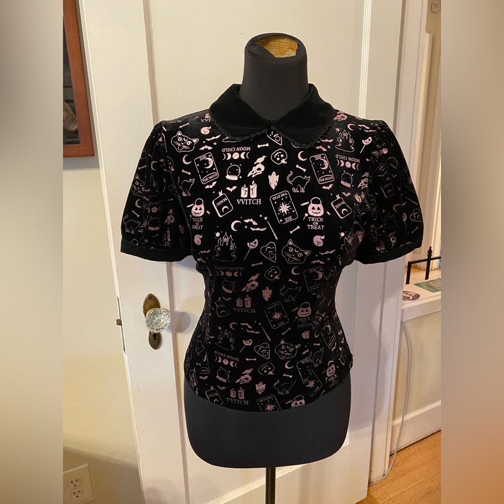 Colletif Halloween Print Velvet Top - Size Small, UK 10, US 6